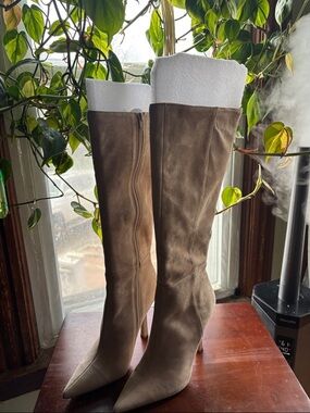 Over-the-Knee Pointed Suede Boots in Taupe